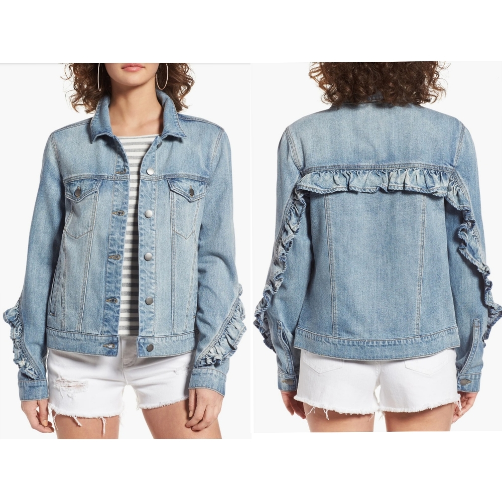 BP Nordstrom Ruffle Denim Jacket Light Wash Distressed Back Frill Jean Coat M